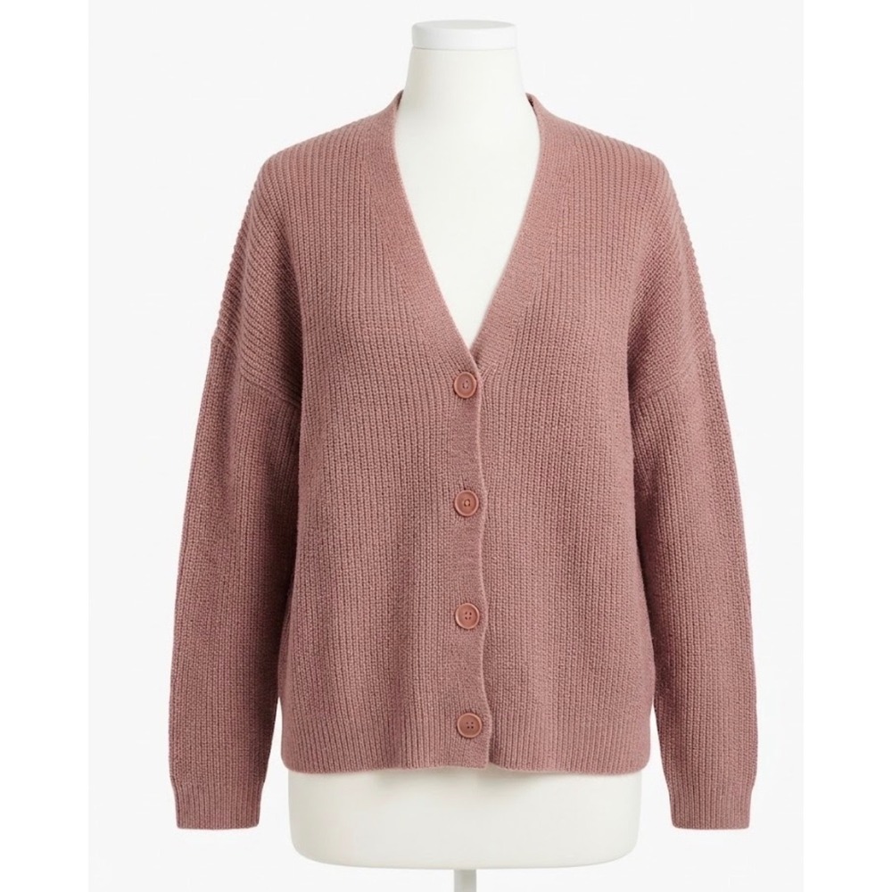 Madewell Mauve Pink Ribbed Knit V Neck Button Cardigan Sweater Medium Minimalist